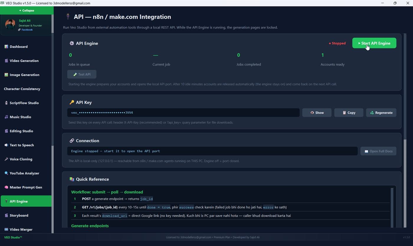 VEO Studio API Engine page with engine status, API key, connection info and quick reference
