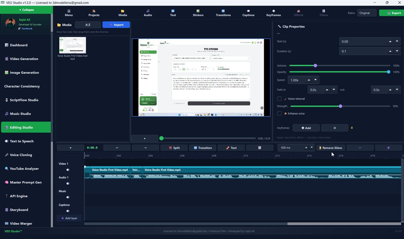 Editing Studio with media panel, preview, clip properties and a multi-track timeline