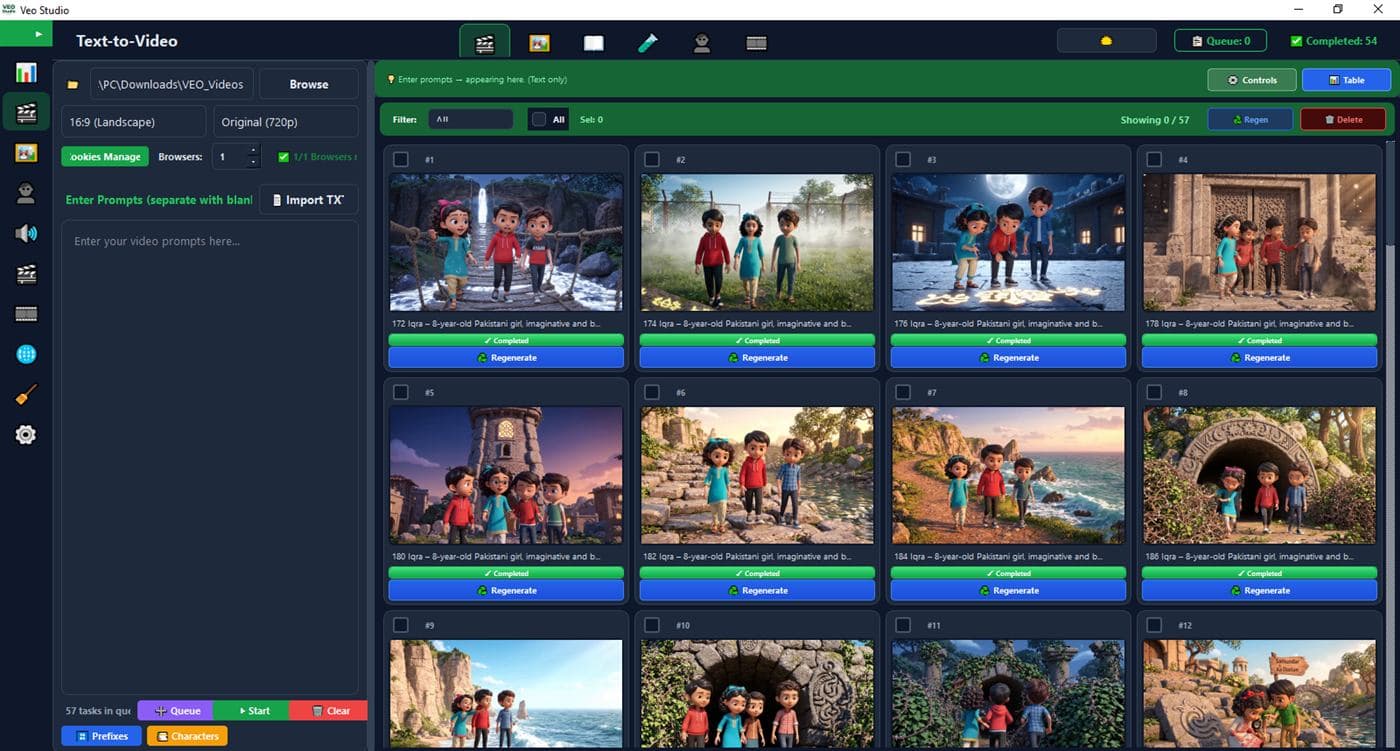 VEO Studio gallery view with a grid of generated videos, each marked completed