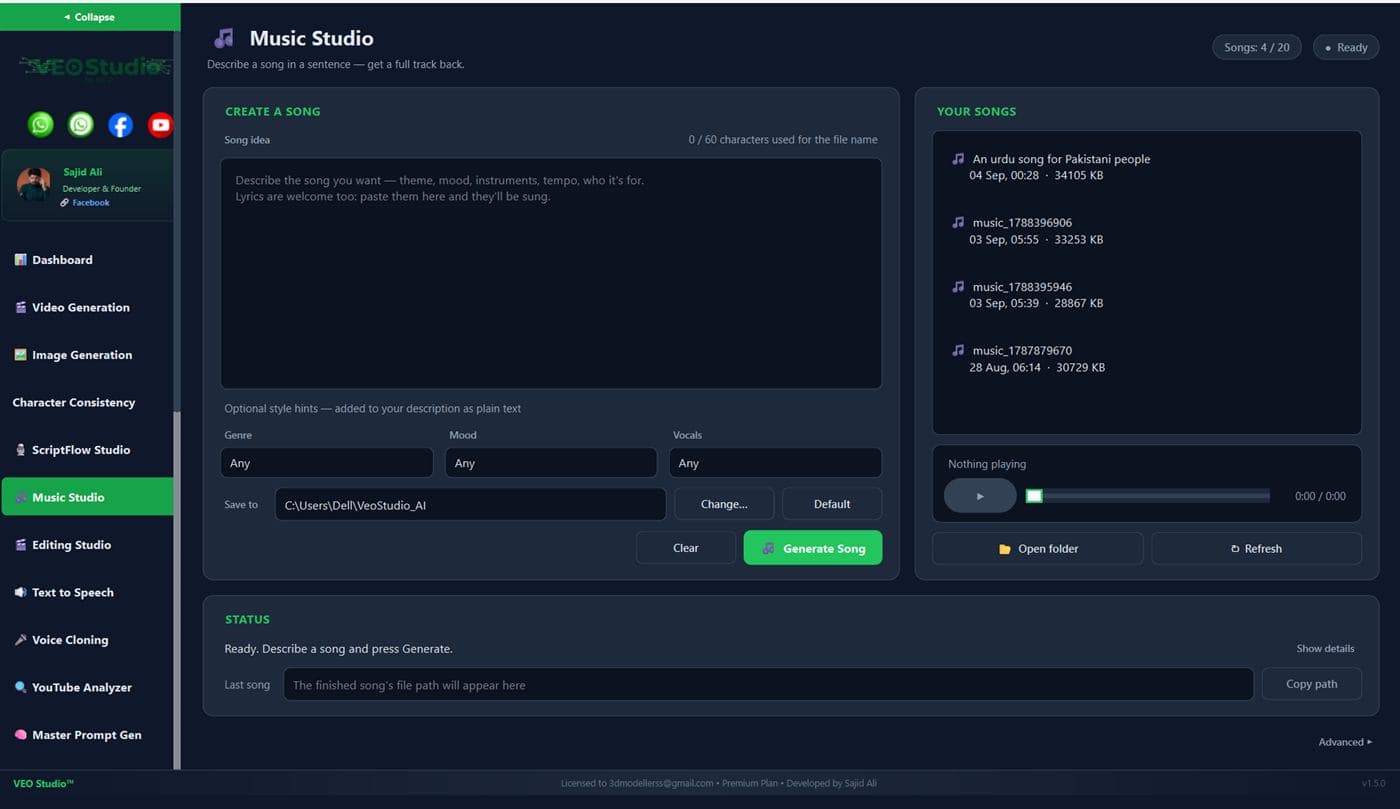 Music Studio with a song idea box, genre, mood and vocal hints and a song library