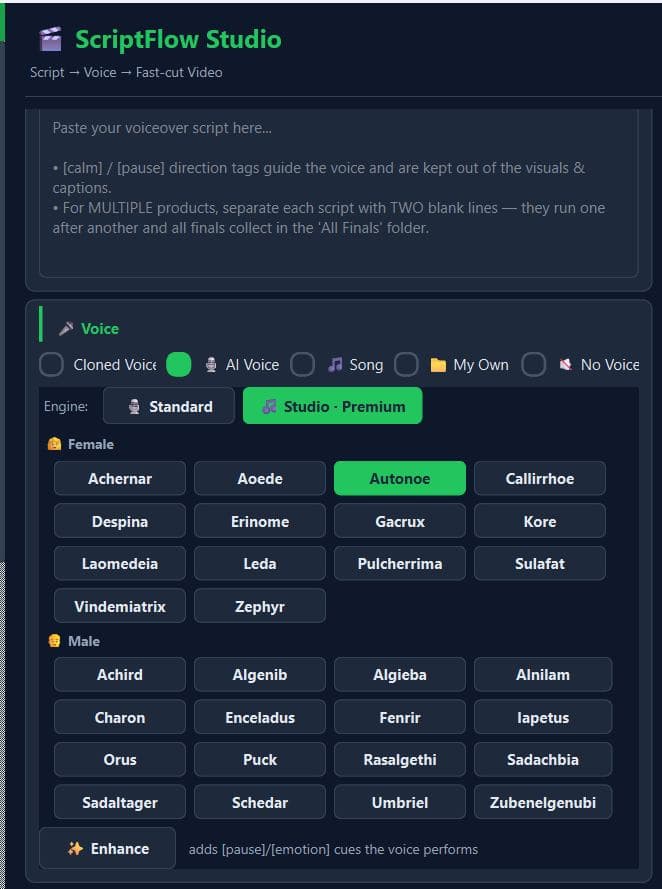 ScriptFlow voice picker with studio voices