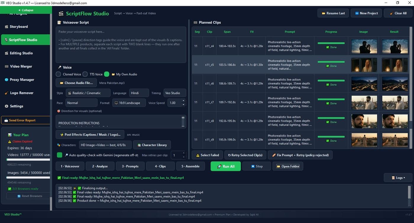 ScriptFlow Studio with a voiceover script, voice options and a table of planned clips marked done