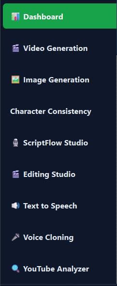 VEO Studio sidebar listing every module
