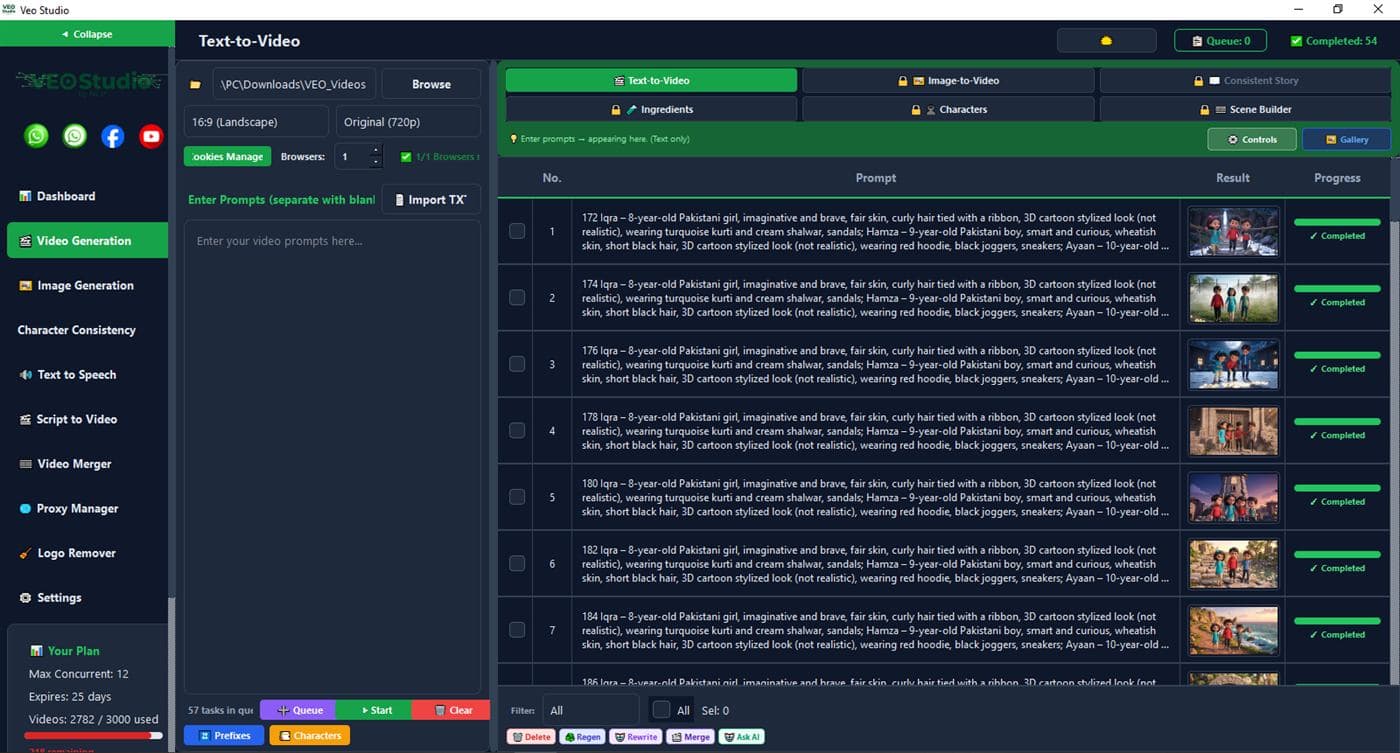 VEO Studio table view showing a bulk queue of text-to-video prompts with completed results